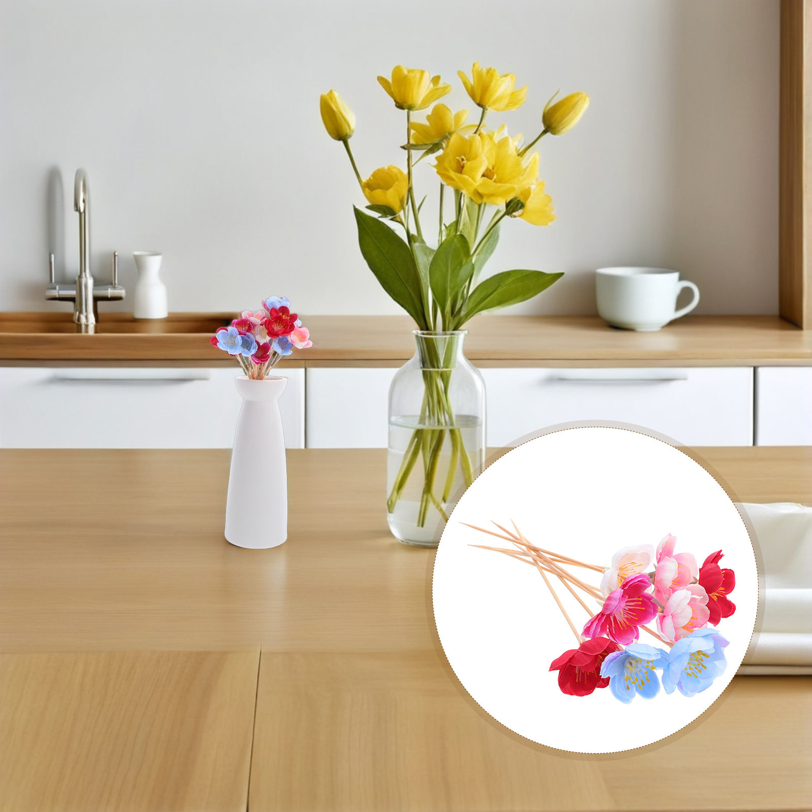 Floral Picks Wood - 100 Adet Sağlam Çiçekli Meyve Şişleri
